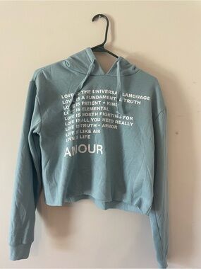 Blue Cropped Graphic Hoodie “Amour” Love Pullover XS